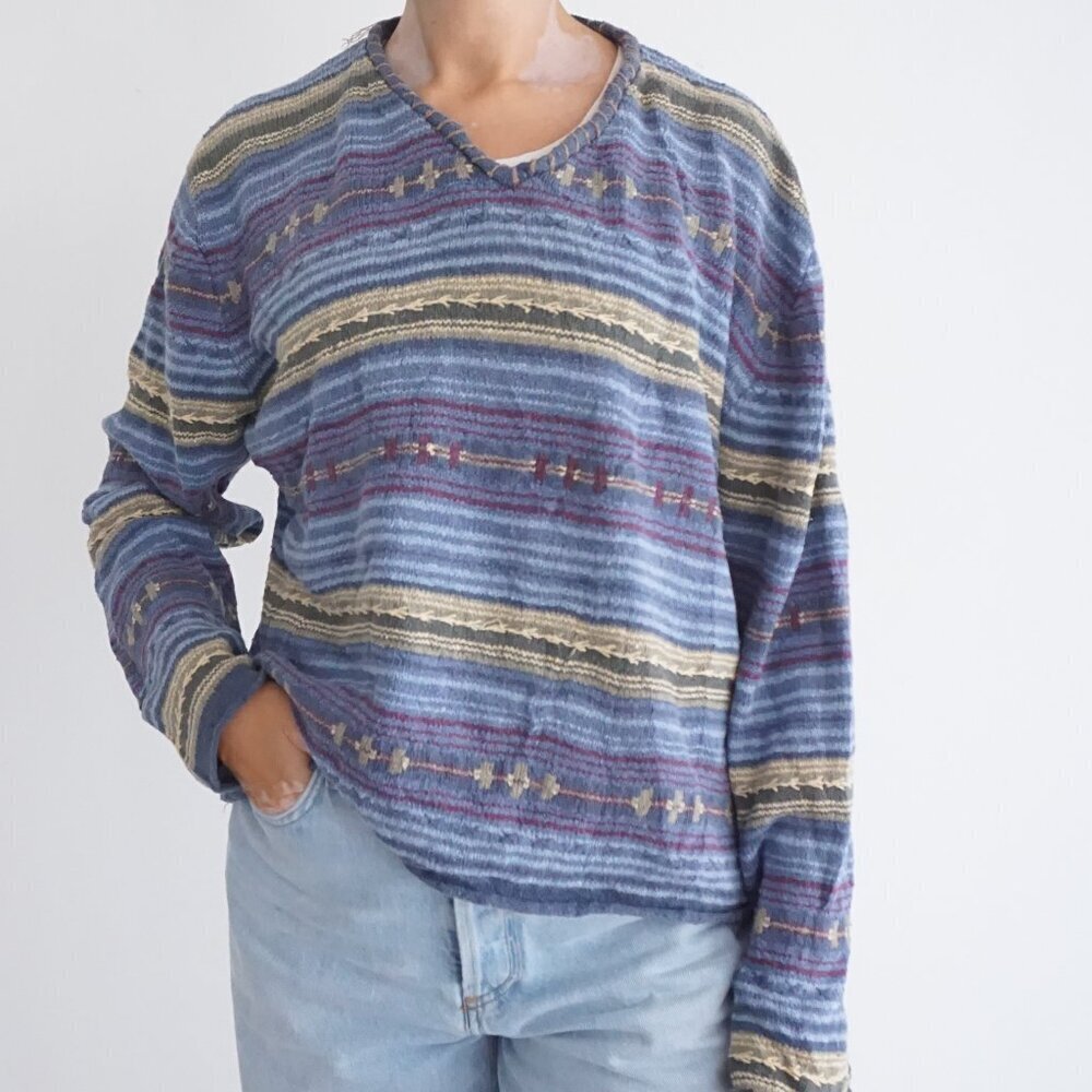Vintage Christopher Banks Blue Knit Striped Cross Motif Embroidered Sweater XL